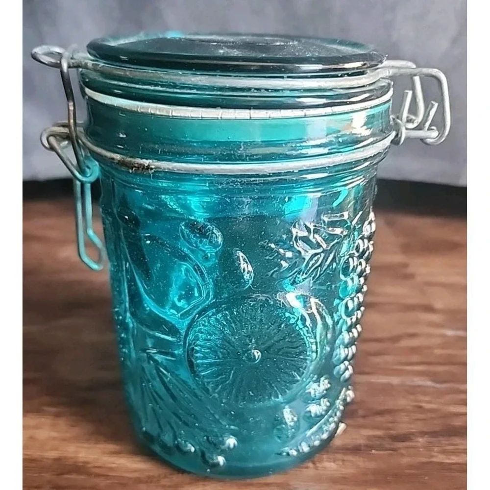 Vintage Aqua  Wired Jar Fruit Design Bail Type Lighting Jar Canning Decor